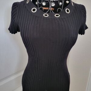 Black sweater with round rhinestone detailing around the neckline. Size medium.